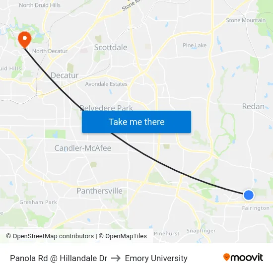 Panola Rd @ Hillandale Dr to Emory University map