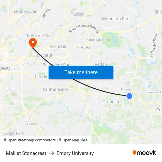 Mall at Stonecrest to Emory University map