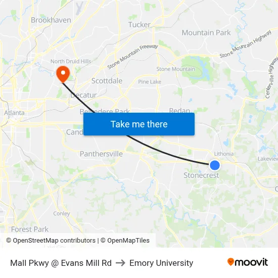 Mall Pkwy @ Evans Mill Rd to Emory University map
