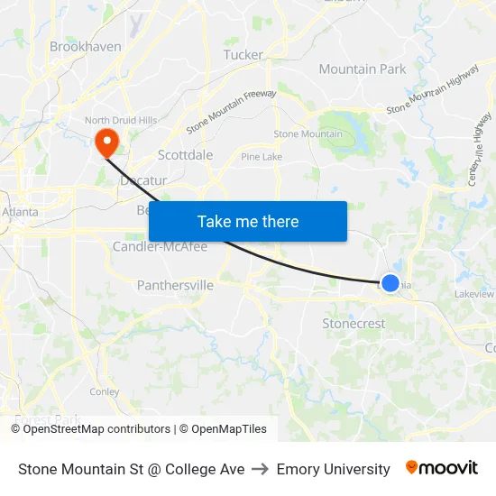 Stone Mountain St @ College Ave to Emory University map