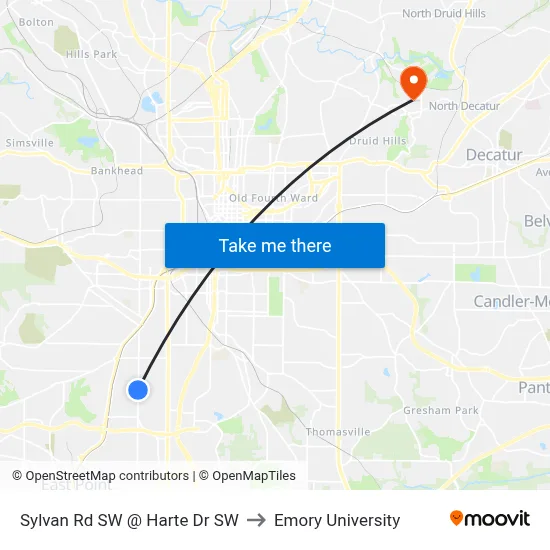 Sylvan Rd SW @ Harte Dr SW to Emory University map