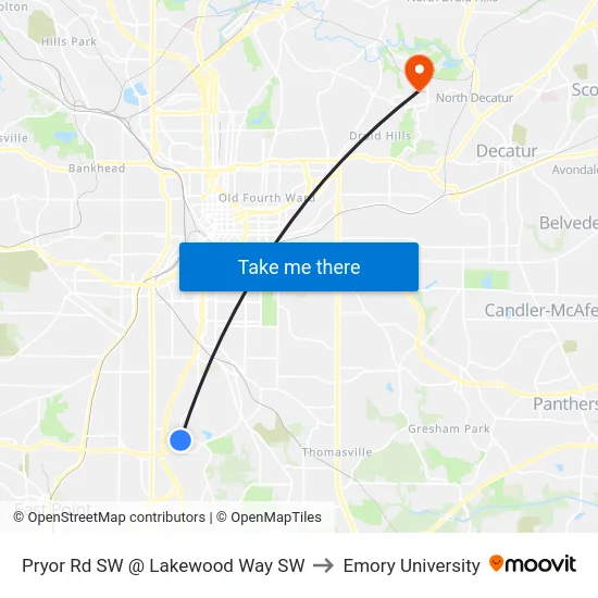 Pryor Rd SW @ Lakewood Way SW to Emory University map