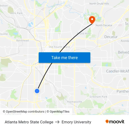 Atlanta Metro State College to Emory University map