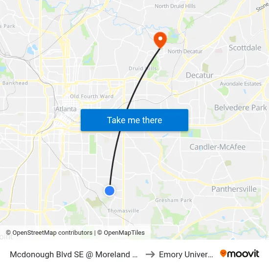Mcdonough Blvd SE @ Moreland Dr SE to Emory University map