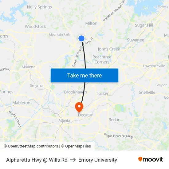 Alpharetta Hwy @ Wills Rd to Emory University map