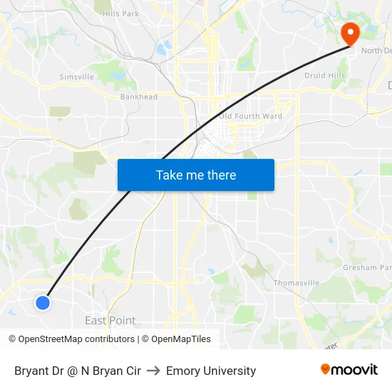 Bryant Dr @ N Bryan Cir to Emory University map