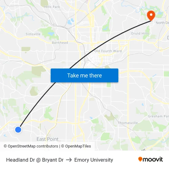 Headland Dr @ Bryant Dr to Emory University map
