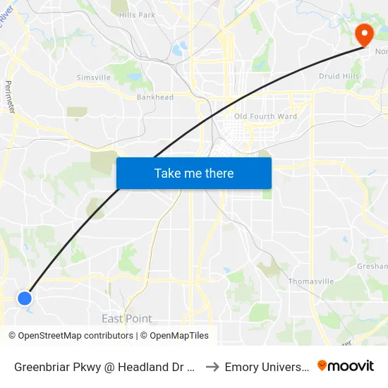 Greenbriar Pkwy @ Headland Dr SW to Emory University map