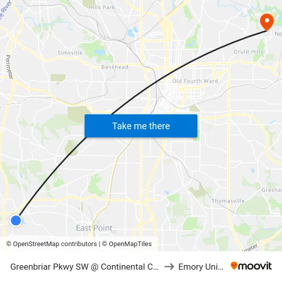 Greenbriar Pkwy SW @ Continental Colony Pkwy SW to Emory University map