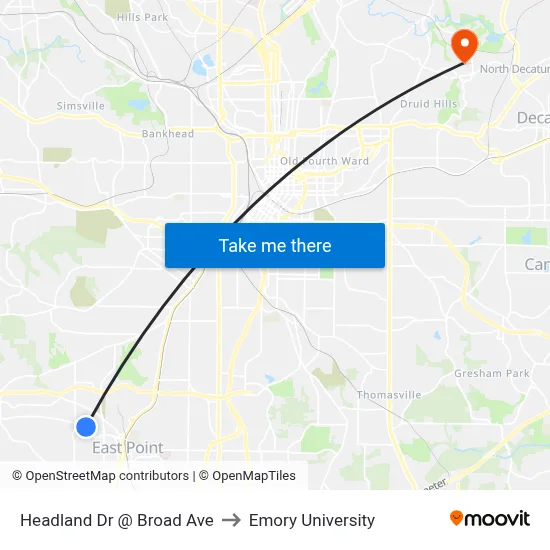 Headland Dr @ Broad Ave to Emory University map