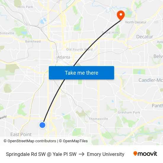 Springdale Rd SW @ Yale Pl SW to Emory University map
