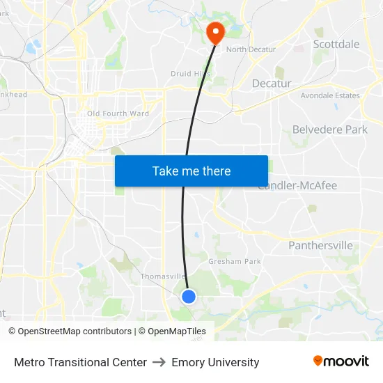 Metro Transitional Center to Emory University map