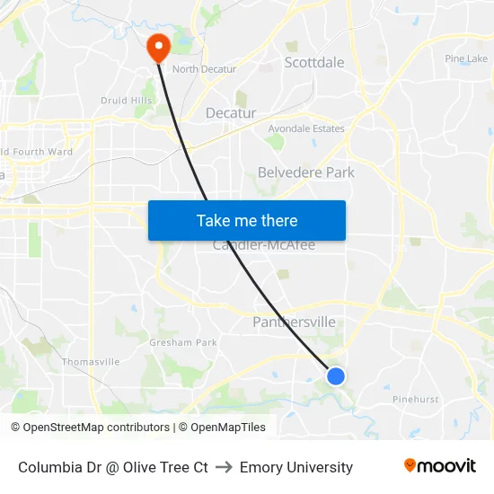 Columbia Dr @ Olive Tree Ct to Emory University map