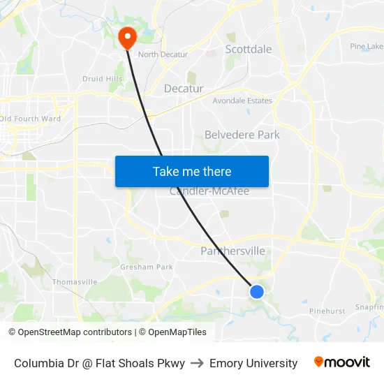 Columbia Dr @ Flat Shoals Pkwy to Emory University map