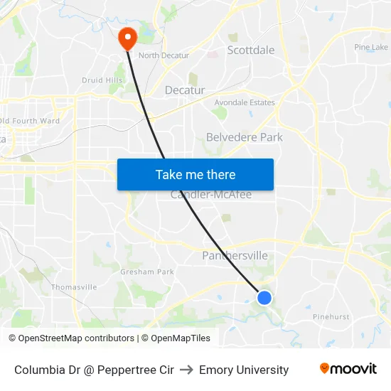 Columbia Dr @ Peppertree Cir to Emory University map