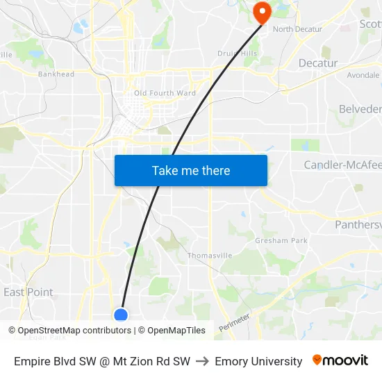 Empire Blvd SW @ Mt Zion Rd SW to Emory University map