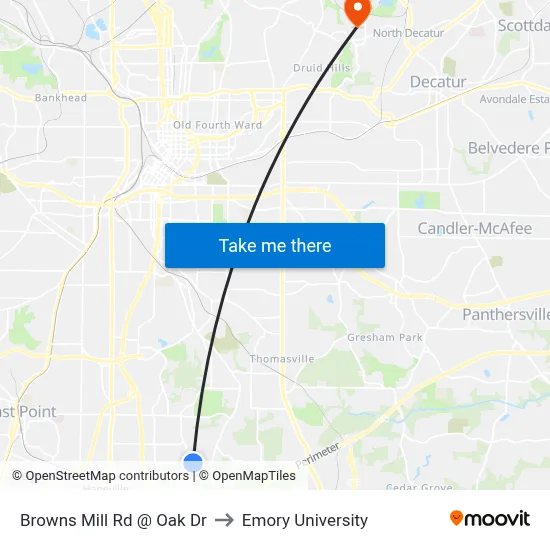 Browns Mill Rd @ Oak Dr to Emory University map