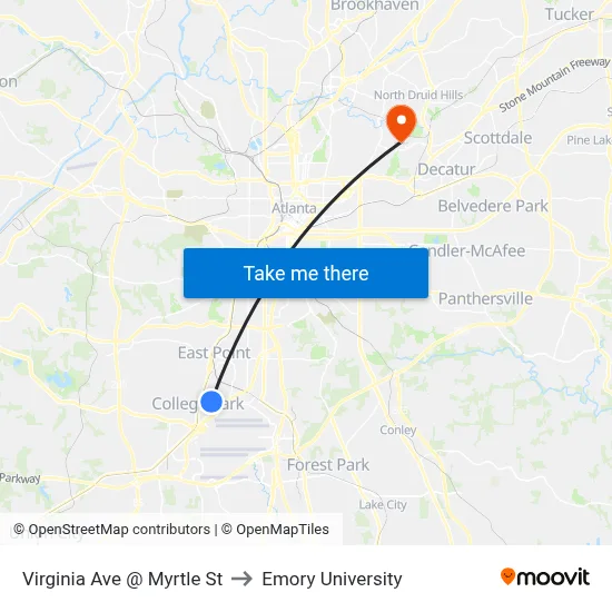 Virginia Ave @ Myrtle St to Emory University map