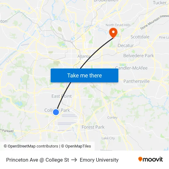 Princeton Ave @ College St to Emory University map