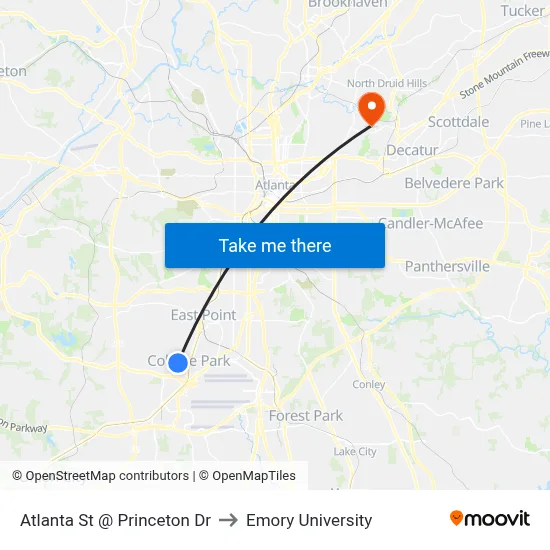 Atlanta St @ Princeton Dr to Emory University map