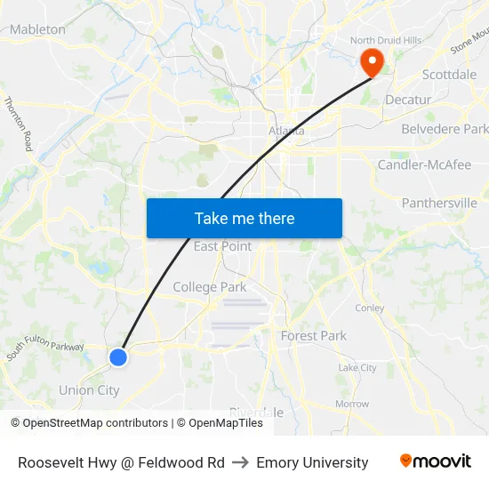 Roosevelt Hwy @ Feldwood Rd to Emory University map