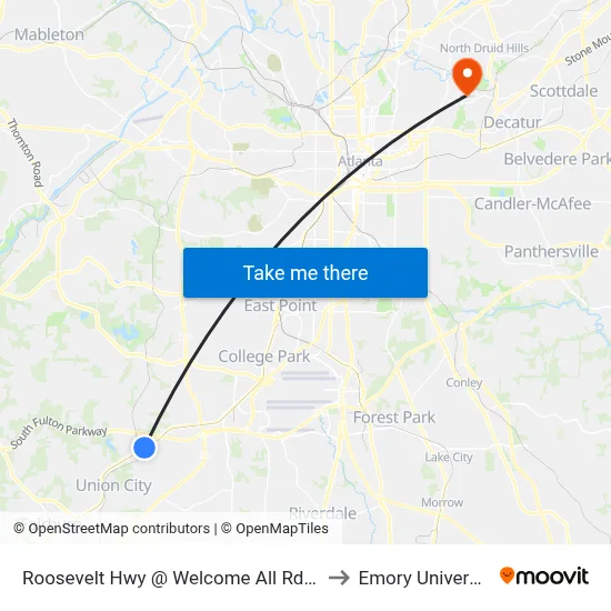 Roosevelt Hwy @ Welcome All Rd SW to Emory University map