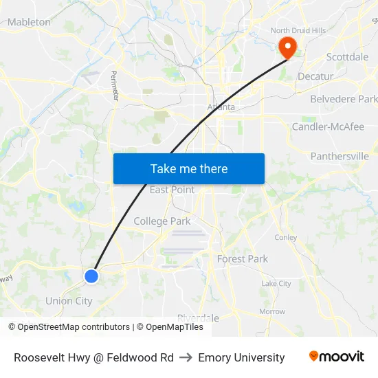 Roosevelt Hwy @ Feldwood Rd to Emory University map