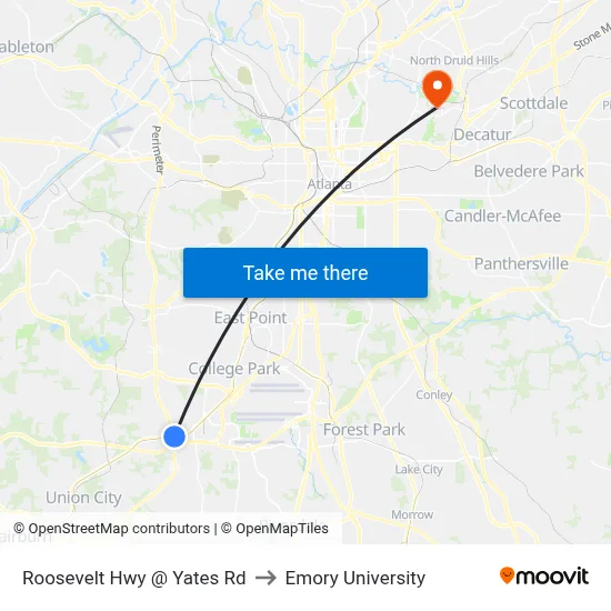 Roosevelt Hwy @ Yates Rd to Emory University map