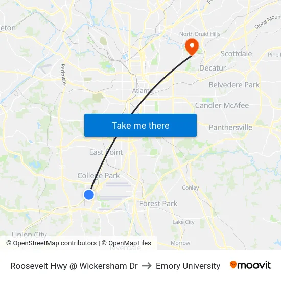 Roosevelt Hwy @ Wickersham Dr to Emory University map