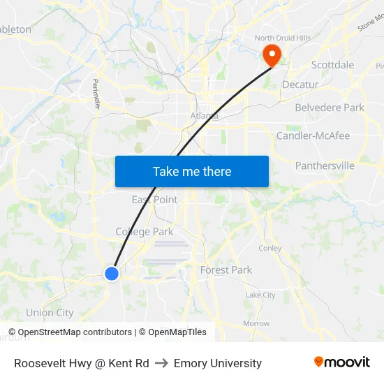 Roosevelt Hwy @ Kent Rd to Emory University map