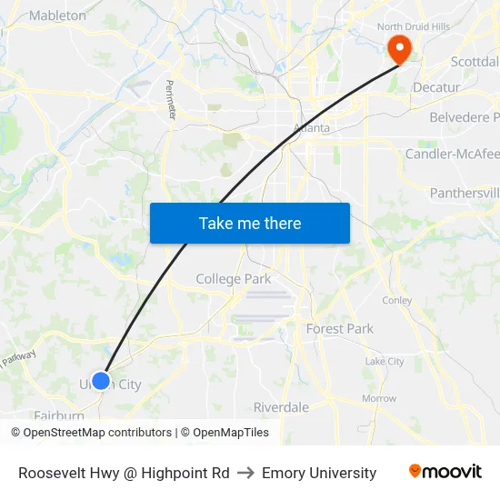 Roosevelt Hwy @ Highpoint Rd to Emory University map