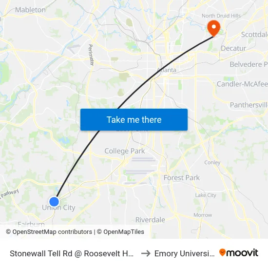 Stonewall Tell Rd @ Roosevelt Hwy to Emory University map