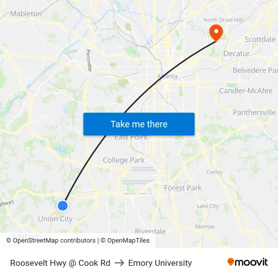 Roosevelt Hwy @ Cook Rd to Emory University map