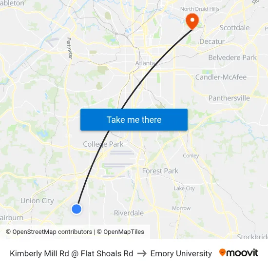 Kimberly Mill Rd @ Flat Shoals Rd to Emory University map