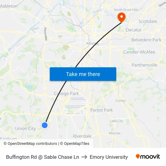 Buffington Rd @ Sable Chase Ln to Emory University map