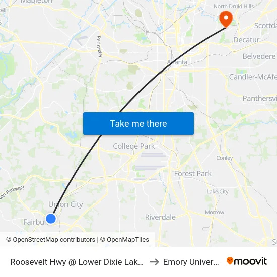 Roosevelt Hwy @ Lower Dixie Lake Rd to Emory University map