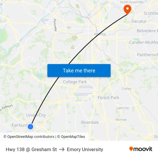 Hwy 138 @ Gresham St to Emory University map