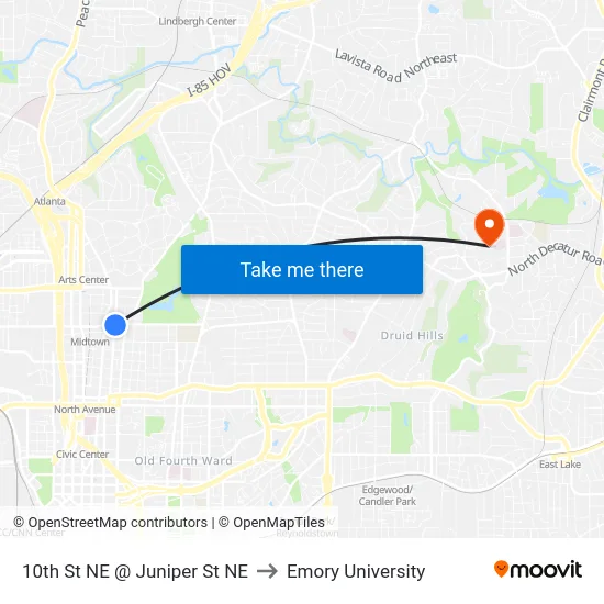 10th St NE @ Juniper St NE to Emory University map