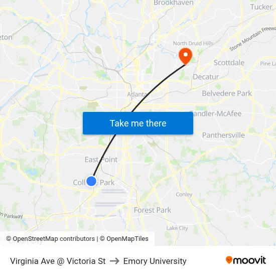 Virginia Ave @ Victoria St to Emory University map