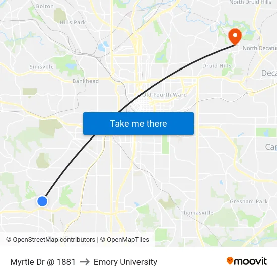 Myrtle Dr @ 1881 to Emory University map