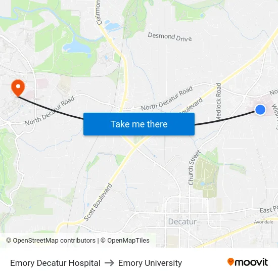 Emory Decatur Hospital to Emory University map