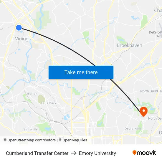 Cumberland Transfer Center to Emory University map
