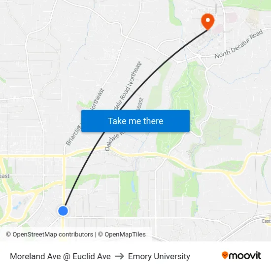 Moreland Ave @ Euclid Ave to Emory University map