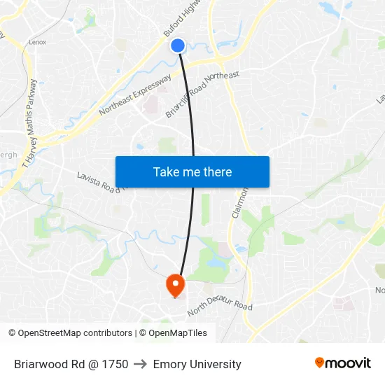 Briarwood Rd @ 1750 to Emory University map