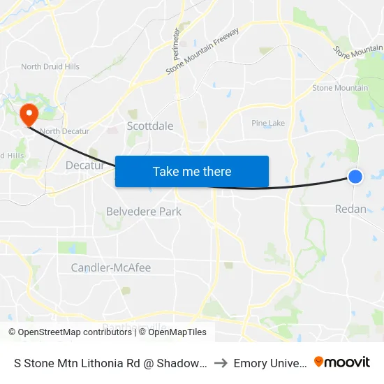 S Stone Mtn Lithonia Rd @ Shadow Rock Dr to Emory University map