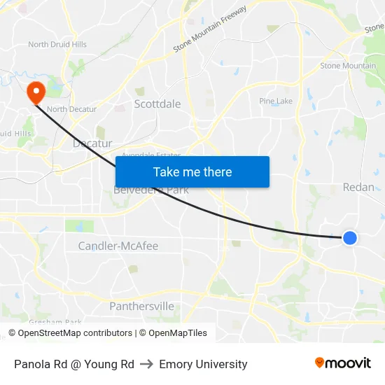 Panola Rd @ Young Rd to Emory University map
