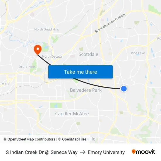 S Indian Creek Dr @ Seneca Way to Emory University map