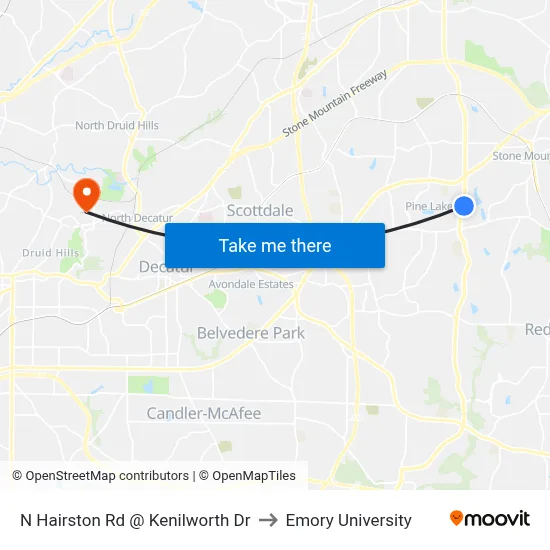 N Hairston Rd @ Kenilworth Dr to Emory University map