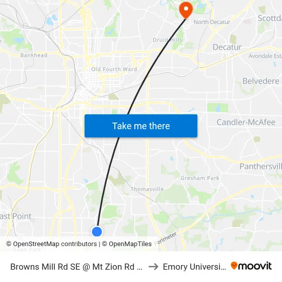 Browns Mill Rd SE @ Mt Zion Rd SE to Emory University map