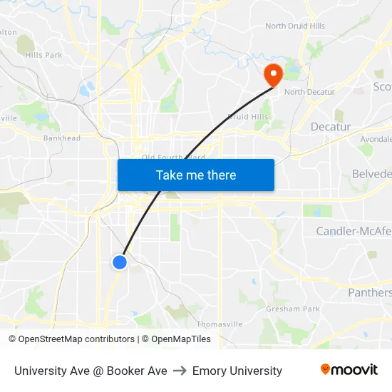 University Ave @ Booker Ave to Emory University map